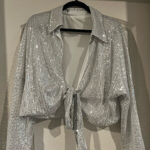 Silver Sequin Tie-Front Top